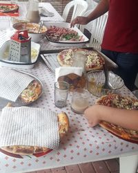 High angle view of breakfast served on table