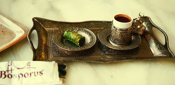 High angle view of tea cups on table