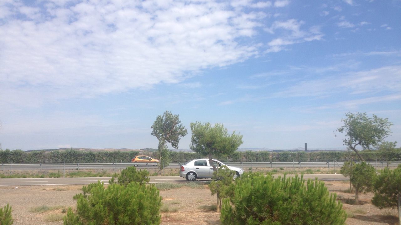 transportation, tree, land vehicle, mode of transport, sky, growth, car, road, nature, landscape, field, tranquility, plant, tranquil scene, travel, day, cloud - sky, scenics, beauty in nature, grass