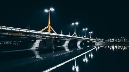 Illuminated bridge over river at night