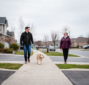 Man and older lady walking dog on sidewalk of suburban neighbourhood.