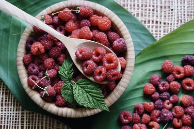 High angle view of strawberries in bowl on table