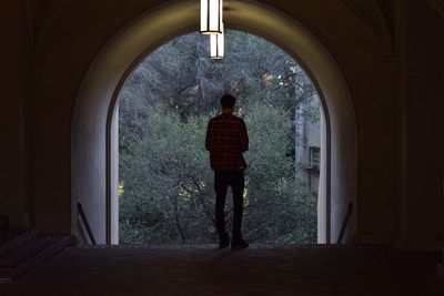 Rear view of man standing by window