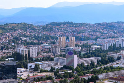 High angle view of buildings in city