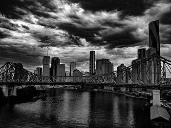 City skyline against cloudy sky