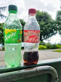 Close-up of drink in glass bottle on table