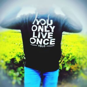 Rear view of person with text