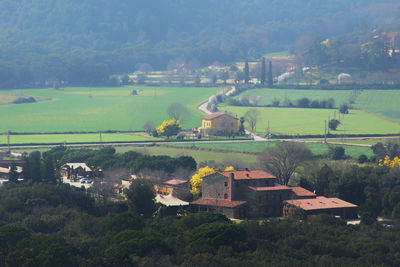 High angle view of trees and buildings on field