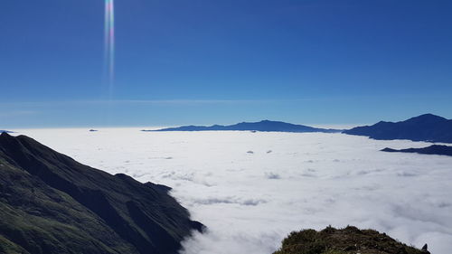 Scenic view of sea and mountains against blue sky