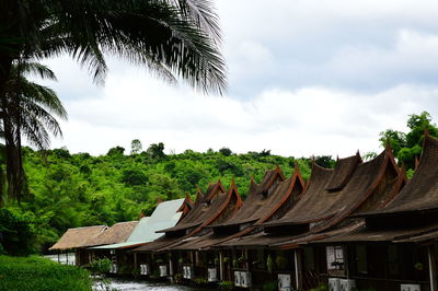 Panoramic shot of palm trees on roof against sky