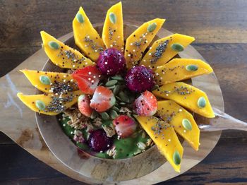 High angle view of fruits in bowl on table