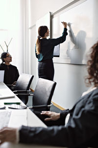 Female colleagues looking at businesswoman drawing on whiteboard during meeting in board room