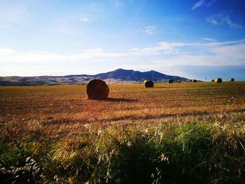 Hay bales on field against sky