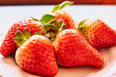 Close-up of strawberries in plate on table