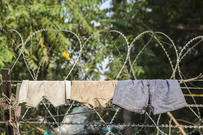 Old pale color cloth hang on barbed wire fence