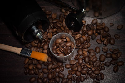 High angle view of coffee beans on table