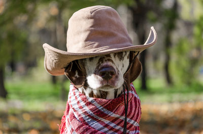 Portrait of woman wearing hat standing outdoors