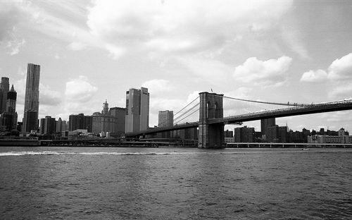 View of bridge over river against buildings in city