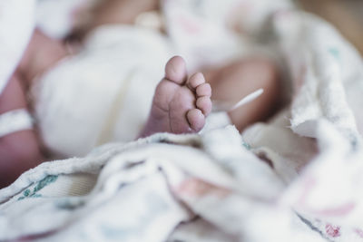 Close-up of baby lying on bed