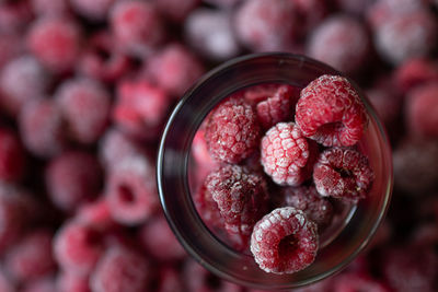 High angle view of strawberries in bowl