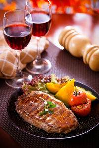 Close-up of food served on table