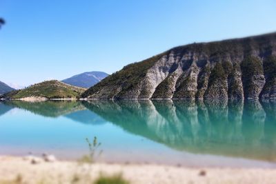 Scenic view of mountains against clear blue sky