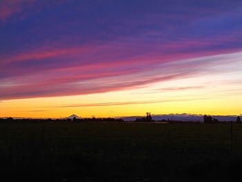 Scenic view of silhouette field against sky during sunset