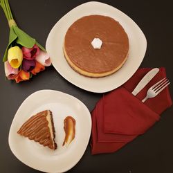 High angle view of cake in plate on table