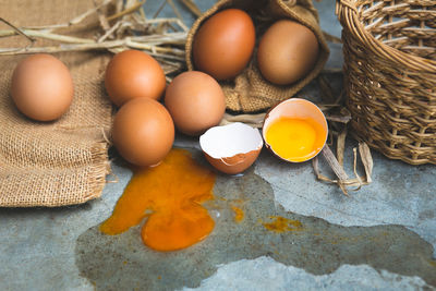 High angle view of eggs in basket on table