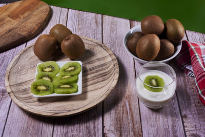 High angle view of fruits in plate on table