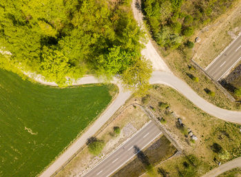 High angle view of road amidst trees in city