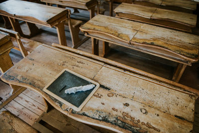 High angle view of empty bench