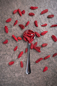 High angle view of red chili peppers on floor