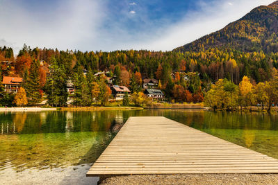 Scenic view of lake by trees against sky