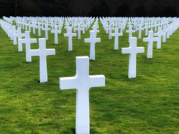 Perspective view of white crosses in cemetery