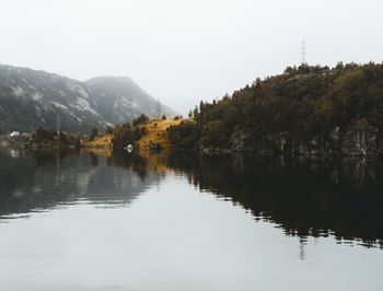 Scenic view of lake by mountains against sky