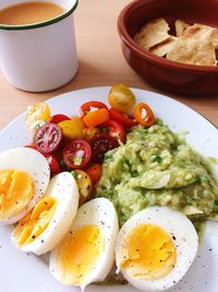 High angle view of breakfast served on table