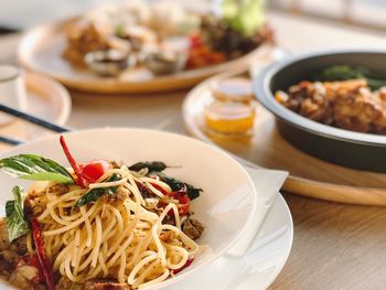 Close-up of noodles served in bowl on table