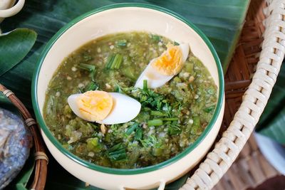 High angle view of soup in bowl on table