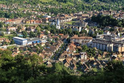 High angle view of houses in town