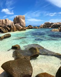 Scenic view of rocks in sea against sky