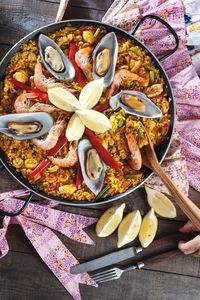 High angle view of food served on table