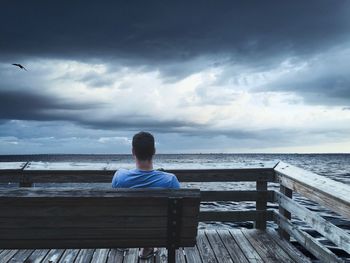 Rear view of man sitting on shore against sea