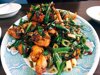 High angle view of food served on table