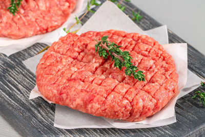 High angle view of meat in plate on table