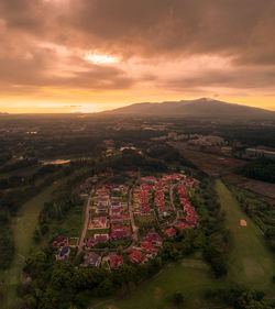 High angle view of landscape against sky during sunset