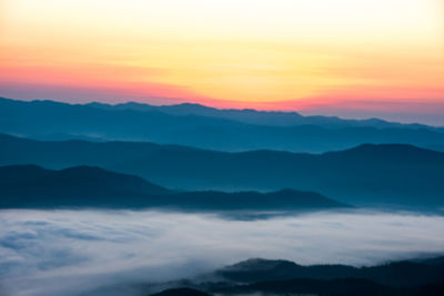 Scenic view of mountains against sky during sunset