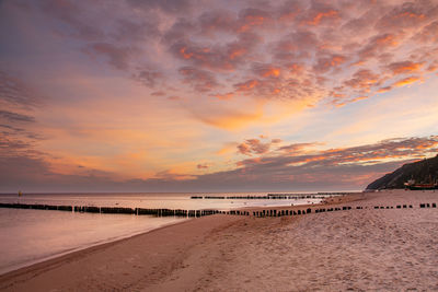 Scenic view of beach against sky during sunset