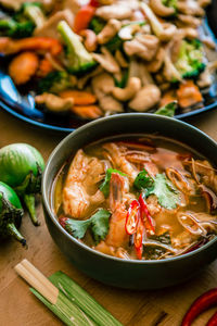 High angle view of soup in bowl on table