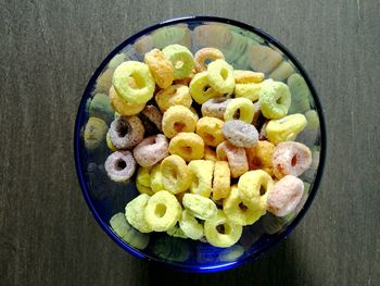 High angle view of fruits in bowl on table